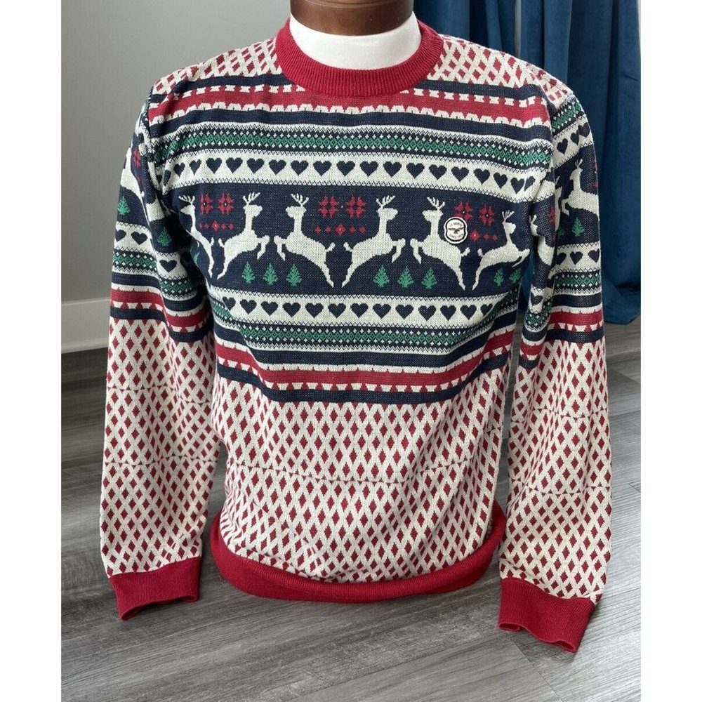 Lebreve Men’s Christmas Holiday Sweater M Reindeer Hearts Red Soft